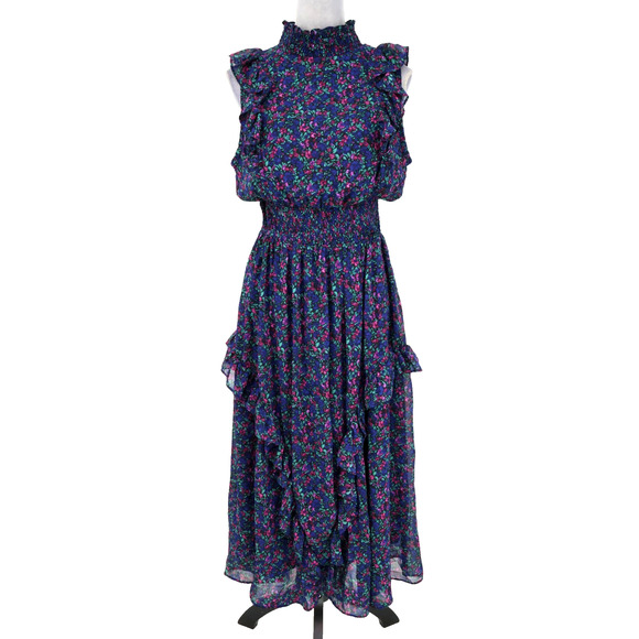 Lulus Dresses & Skirts - Lulus Dress Womens Large Navy Blue Evalina Floral Chiffon Ruffles Smocked Maxi